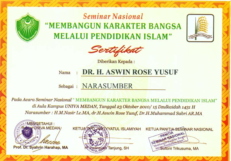 Piagam Penghargaan DR. H. Aswin Rose, Medan, 23 Oktober 